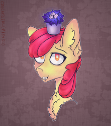 Size: 1130x1280 | Tagged: safe, artist:caecusgirl, derpibooru import, apple bloom, earth pony, pony, bust, chest fluff, female, filly, flower pot, foal, grin, portrait, simple background, smiling, solo