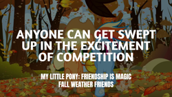 Size: 1920x1080 | Tagged: safe, derpibooru import, edit, edited screencap, editor:quoterific, screencap, applejack, rainbow dash, fall weather friends, forest, leaves, tree