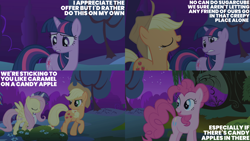 Size: 4400x2475 | Tagged: safe, derpibooru import, edit, edited screencap, editor:quoterific, screencap, applejack, fluttershy, pinkie pie, rainbow dash, rarity, twilight sparkle, friendship is magic, cute, diapinkes, idiot, jackabetes, mane six, shyabetes