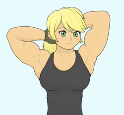 Size: 1606x1496 | Tagged: safe, artist:cyanrobo, derpibooru import, applejack, human, applejacked, applerack, arm behind head, breasts, clothes, female, feminism, humanized, looking at you, muscles, solo