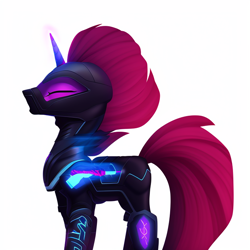 Size: 704x704 | Tagged: safe, derpibooru import, machine learning generated, tempest shadow, pony, unicorn, armor, cyberpunk, eyes closed, female, simple background, solo, white background