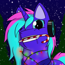 Size: 1200x1200 | Tagged: artist needed, safe, derpibooru import, oc, oc only, pony, unicorn, candy, candy cane, christmas, christmas lights, food, headphones, hearth's warming, holiday, icon, mouth hold, night, one eye closed, smiling, snow, solo, wink