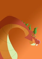 Size: 2480x3508 | Tagged: safe, artist:shooting star, derpibooru import, spike, dragon, g4, canon, gradient, gradient background, greed spike, lineless, male, minimalist, simple background, smiling, smirk, solo, spikezilla, teeth