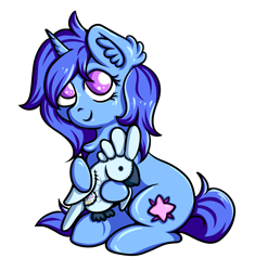 Size: 2490x2651 | Tagged: safe, artist:coco-drillo, derpibooru import, oc, oc only, oc:delly, bird, parrot, pony, unicorn, ear fluff, ears, looking at you, plushie, simple background, sitting, smiling, solo, transparent background