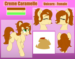 Size: 3274x2558 | Tagged: safe, artist:gnashie, derpibooru import, oc, oc only, oc:creme caramelle, unicorn, chest fluff, color palette, cutie mark, ear fluff, ears, eyes closed, freckles, horn, open mouth, ponytail, reference sheet, unicorn oc