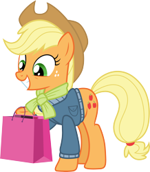 Size: 3000x3435 | Tagged: safe, artist:cloudyglow, derpibooru import, applejack, best gift ever, .ai available, bag, clothes, cute, jackabetes, simple background, solo, transparent background, vector