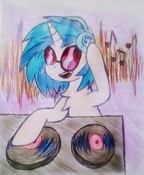 Size: 987x1200 | Tagged: safe, artist:scarecrowkitty, derpibooru import, dj pon-3, vinyl scratch, pony, unicorn, chest fluff, disc jockey, fangs, headphones, music notes, pen drawing, smiling, solo, soundwave, traditional art