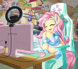 Size: 2560x2275 | Tagged: safe, artist:dstears, derpibooru import, fluttershy, pegasus, pony, anime, bed, bird house, chair, clothes, computer, computer desk, computer mouse, cute, daaaaaaaaaaaw, desk, dialogue, escii keyboard, eyes closed, female, gaming chair, hatsune miku, headphones, high res, hooves together, indoors, keyboard, madoka kaname, magical girl, microphone, mousepad, office chair, open mouth, open smile, otakushy, puella magi madoka magica, revolutionary girl utena, ring light, sailor moon, shure sm7b, shyabetes, sitting, smiling, socks, solo, streaming, sweater, three quarter view, vocaloid, weapons-grade cute, webcam