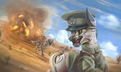 Size: 4000x2400 | Tagged: safe, artist:richmay, derpibooru import, oc, oc:palatinatus clypeus, zebra, equestria at war mod, clothes, desert, explosion, high res, military, military uniform, tank (vehicle), uniform, war, world war ii, yelling, zebra oc