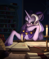 Size: 2813x3400 | Tagged: safe, artist:inarimayer, derpibooru import, oc, oc only, pony, unicorn, book, bookshelf, candle, inkwell, pencil, quill, scroll, solo, unshorn fetlocks