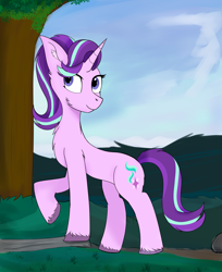 Size: 3541x4335 | Tagged: safe, artist:tempestshine, derpibooru import, starlight glimmer, pony, unicorn, ear fluff, ears, female, mare, raised hoof, raised leg, smiling, solo, tree, unshorn fetlocks