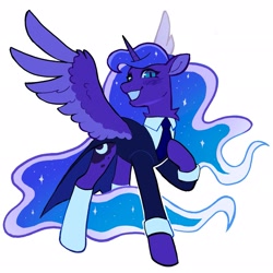 Size: 2047x2048 | Tagged: safe, artist:draw3, derpibooru import, princess luna, alicorn, pony, clothes, ethereal mane, female, grin, looking at you, mare, necktie, simple background, smiling, smiling at you, socks, solo, spread wings, starry mane, starry tail, suit, tail, tuxedo, white background, wings