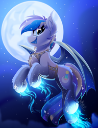 Size: 1681x2192 | Tagged: safe, artist:starcasteclipse, derpibooru import, oc, oc:moonlight waves, bat pony, pony, bat pony oc, bat wings, bell harness, female, flying, full moon, glowing, glowing hooves, harness, magic glow, mare, moon, night, night sky, sky, solo, tack, wings