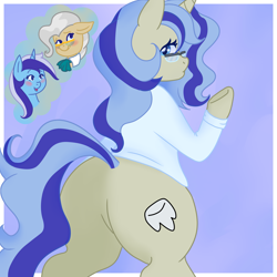 Size: 3543x3543 | Tagged: safe, artist:moonsacher, derpibooru import, mayor mare, minuette, oc, oc:dental authority, earth pony, pony, unicorn, clothes, commissioner:bigonionbean, female, fusion, fusion:dental authority, glasses, horn, mare, tail, thought bubble, writer:bigonionbean