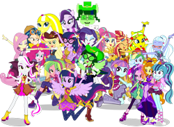 Size: 1024x751 | Tagged: safe, artist:ajosterio, derpibooru import, adagio dazzle, applejack, aria blaze, fluttershy, indigo zap, lemon zest, pinkie pie, rainbow dash, rarity, sci-twi, sonata dusk, sour sweet, starlight glimmer, sugarcoat, sunny flare, sunset shimmer, twilight sparkle, twilight sparkle (alicorn), oc, alicorn, dance magic, equestria girls, spoiler:eqg specials, big crown thingy, clothes swap, element of magic, humane five, humane seven, humane six, jewelry, regalia, shadow five, simple background, the dazzlings, transparent background