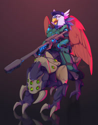 Size: 1706x2160 | Tagged: safe, artist:hakkids2, derpibooru import, oc, alien, anthro, griffon, armor, female, griffon oc, gun, hat, looking at you, narrowed eyes, open mouth, riding, rifle, science fiction, solo, weapon, wings