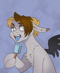 Size: 1707x2048 | Tagged: safe, artist:chibadeer, derpibooru import, oc, oc only, pegasus, pony, chest fluff, ears, floppy ears, food, looking at you, open mouth, popsicle, solo, sweat, tongue, tongue out