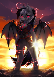 Size: 2481x3507 | Tagged: safe, artist:arctic-fox, derpibooru import, oc, oc only, oc:stormdancer, bat pony, pony, undead, vampire, vampony, armor, background, badass, bat pony oc, bat wings, bipedal, blade, dark form tier 2, electricity, energy weapon, solo, sunset, weapon, wings