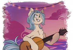 Size: 2048x1395 | Tagged: safe, artist:chibadeer, derpibooru import, oc, oc only, earth pony, pony, chest fluff, grin, guitar, hair over one eye, musical instrument, smiling, solo