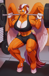 Size: 1545x2385 | Tagged: safe, artist:menzzu, derpibooru import, oc, oc only, oc:eleftheria, anthro, pegasus, unguligrade anthro, abs, barbell, breasts, busty oc, clothes, commission, compression shorts, female, gym, muscles, muscular female, solo, sports bra, sweat, vein bulge, weight lifting, weights, workout