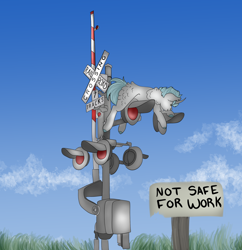 Size: 2000x2070 | Tagged: safe, artist:inisealga, derpibooru import, oc, oc only, oc:lunar signal, bat pony, hybrid, unicorn, bat pony oc, bat pony unicorn, cloud, horn, maintenance, osha violation, railroad, railroad crossing, signal, sky