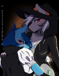 Size: 1705x2160 | Tagged: safe, artist:bambudess, derpibooru import, oc, anthro, earth pony, absolute cleavage, blushing, breasts, cleavage, clothes, costume, duo, eyelashes, eyeshadow, female, halloween, halloween costume, hand on shoulder, hat, holiday, lidded eyes, lips, looking at you, makeup, mare, smiling, smiling at you, witch, witch hat