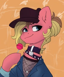 Size: 1706x2048 | Tagged: safe, artist:chibadeer, derpibooru import, oc, oc only, earth pony, pony, candy, cap, choker, clothes, collar, fishnet clothing, food, hat, jacket, lollipop, smiling, solo, spiked choker