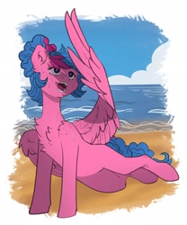 Size: 1706x2048 | Tagged: safe, artist:chibadeer, derpibooru import, oc, oc only, pegasus, pony, beach, chest fluff, open mouth, shade, solo, spread wings, sweat, wings