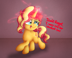 Size: 2330x1884 | Tagged: safe, artist:background basset, derpibooru import, sunset shimmer, pony, unicorn, dialogue, magic, open mouth, raised leg, solo, text