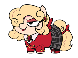 Size: 779x581 | Tagged: safe, artist:jargon scott, derpibooru import, earth pony, pony, bow, brooch, clothes, ear piercing, earring, eyeshadow, female, hair over one eye, heather chandler, heathers the musical, jacket, jewelry, lipstick, makeup, mare, piercing, ponified, simple background, skirt, solo, squatpony, tail, tail bow, white background