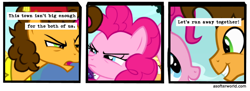 Size: 720x261 | Tagged: safe, edit, edited screencap, screencap, cheese sandwich, pinkie pie, earth pony, pinkie pride, a softer world, cheesepie, comic, fez, looking at each other, narrowed eyes, screencap comic, smiling, smiling at each other, text