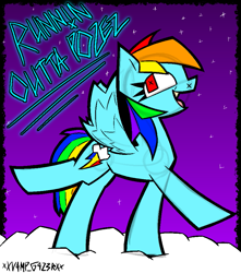 Size: 823x933 | Tagged: safe, artist:xxv4mp_g4z3rxx, derpibooru import, rainbow dash, pegasus, pony, cloud, female, mare, multicolored hair, night, on a cloud, rainbow hair, rainbow tail, raised hooves, red eyes, solo, spread wings, standing on a cloud, tail, wings