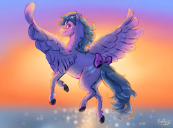 Size: 1038x770 | Tagged: safe, artist:nightprince-art, derpibooru import, firefly, pegasus, pony, g1, blushing, bow, female, flying, looking at you, looking back, looking back at you, mare, signature, solo, spread wings, sunset, tail, tail bow, water, wings