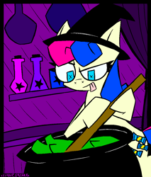 Size: 1692x1986 | Tagged: safe, artist:xxv4mp_g4z3rxx, derpibooru import, bon bon, sweetie drops, earth pony, pony, blue eyes, cauldron, curtains, female, hat, mare, pan, pot, potion, shelf, solo, tail, tongue, tongue out, two toned mane, two toned tail, witch, witch hat