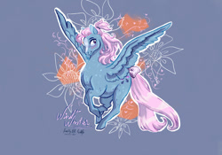 Size: 1070x747 | Tagged: safe, artist:nightprince-art, derpibooru import, wind whistler, pegasus, pony, g1, blue background, blushing, bow, female, flower, flying, looking at you, mare, signature, simple background, solo, spread wings, tail, tail bow, wings