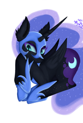 Size: 948x1395 | Tagged: safe, artist:4agonism, derpibooru import, part of a set, nightmare moon, princess luna, alicorn, pony, antagonist, butt, ear fluff, ears, ethereal mane, female, folded wings, full body, glowing, glowing eyes, horn, jewelry, looking sideways, lying down, mare, moonbutt, prone, raised hooves, regalia, simple background, smiling, smirk, solo, translucent mane, villainess, white background, wings