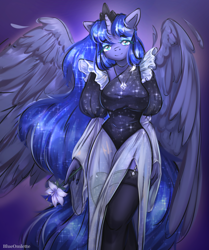 Size: 1756x2098 | Tagged: safe, artist:blueomlette, derpibooru import, princess luna, alicorn, anthro, alternate hairstyle, blue eyes, breasts, clothes, crown, dress, eyebrows, eyelashes, eyeshadow, flower, garters, hips, horn, jewelry, lidded eyes, lily (flower), looking at you, makeup, pegasus wings, regalia, see-through, smiling, socks, solo, stockings, tail, thigh highs, thighs, wings