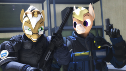 Size: 2560x1440 | Tagged: safe, derpibooru import, oc, oc:nickyequeen, anthro, donkey, 3d, anthro plantigrade, commissioner:nickyequeen, counter-strike: global offensive, friend, friends, gun, loadout, male, p250, police, shotgun, source filmmaker, tactical, weapon