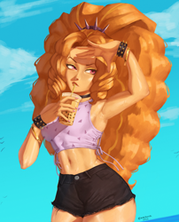 Size: 2000x2480 | Tagged: safe, artist:nire, derpibooru import, adagio dazzle, human, equestria girls, armpits, belly button, breasts, bubble tea, choker, clothes, cloud, drink, eyeshadow, lipstick, makeup, midriff, nail polish, shorts, sideboob, sleeveless, spiked headband, spiked wristband, sweat, thighs, wide hips, wristband