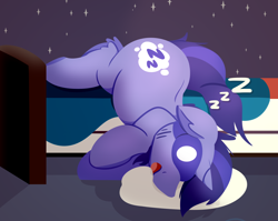 Size: 1768x1404 | Tagged: safe, artist:rhythmpixel, derpibooru import, oc, oc only, oc:snoozebutton, pony, unicorn, bed, commission, male, onomatopoeia, sleep mask, sleeping, solo, sound effects, stallion, zzz