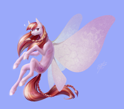 Size: 4000x3500 | Tagged: safe, artist:jehr, derpibooru import, oc, oc only, butterfly, fly, insect, moth, pegasus, air, blue background, flying, pink, simple background, sky, solo, trade