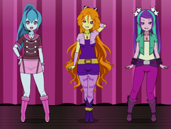 Size: 800x600 | Tagged: safe, derpibooru import, adagio dazzle, aria blaze, sonata dusk, human, equestria girls, belt, boots, clothes, cowboy boots, denim, hand on hip, high heel boots, jacket, jeans, kisekae, pants, shirt, shoes, skirt, the dazzlings, trio