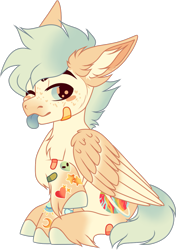 Size: 945x1340 | Tagged: safe, artist:mourningfog, derpibooru import, oc, oc only, oc:berry crunch, pegasus, pony, bandaid, chest fluff, ear fluff, ears, simple background, solo, tongue, tongue out, transparent background