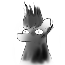 Size: 1584x1584 | Tagged: safe, artist:tjpones, derpibooru import, oc, oc only, oc:tjpones, earth pony, pony, black and white, burnt, bust, grayscale, male, monochrome, simple background, singed, smoke, solo, stallion, white background