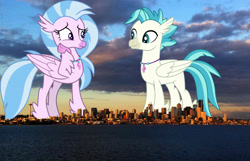 Size: 2048x1323 | Tagged: safe, artist:cloudyglow, artist:sonofaskywalker, derpibooru import, silverstream, terramar, classical hippogriff, hippogriff, brother and sister, duo, female, giant hippogriff, gigastream, highrise ponies, irl, jewelry, male, mega giant, necklace, photo, ponies in real life, seattle, siblings, story included, washington