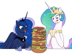 Size: 1233x927 | Tagged: safe, artist:moetempura, derpibooru import, princess celestia, princess luna, alicorn, pony, bread, cheese, colored, crown, cute, cutelestia, dagwood sandwich, duo, ethereal mane, ethereal tail, eyelashes, eyes on the prize, female, food, height difference, hoof shoes, hooves on the table, hooves together, hungry, imminent nom, jewelry, lettuce, licking, licking lips, long mane, looking at something, lunabetes, majestic as fuck, mare, missing wing, open mouth, open smile, partially open wings, peytral, princess shoes, reference in the description, reference to another series, regalia, royal sisters, sandwich, sauce, siblings, simple background, sisters, sketch, slim, smiling, sparkles, starry mane, starry tail, table, tail, tall, tomato, tongue, tongue out, wall of tags, white background, wings