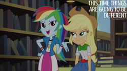 Size: 1920x1080 | Tagged: safe, derpibooru import, edit, edited screencap, editor:quoterific, screencap, applejack, rainbow dash, equestria girls, friendship games, book, bookshelf, hand on hip