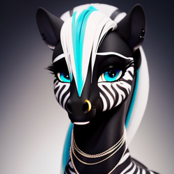 Size: 512x512 | Tagged: safe, derpibooru import, machine learning assisted, machine learning generated, oc, oc only, zebra, bust, ear piercing, female, gradient background, jewelry, looking at you, mare, necklace, nose ring, piercing, portrait, solo, zebra oc