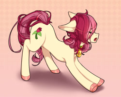 Size: 1500x1200 | Tagged: safe, artist:takic, derpibooru import, roseluck, earth pony, pony, behaving like a cat, collar, commission, commissioner:doom9454, eyes closed, female, mare, open mouth, patterned background, pet collar, pet tag, pony pet, rosepet, stretching, yawn
