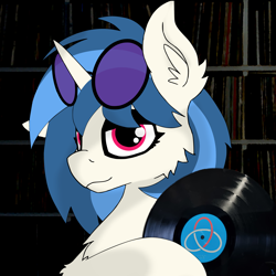 Size: 3659x3659 | Tagged: safe, artist:kotwitz, derpibooru exclusive, derpibooru import, dj pon-3, vinyl scratch, unicorn, alternate hairstyle, bust, chest fluff, ear fluff, ears, floppy ears, glasses, holding, hoof fluff, lidded eyes, looking at you, one ear down, portrait, record, smiling, smiling at you, solo